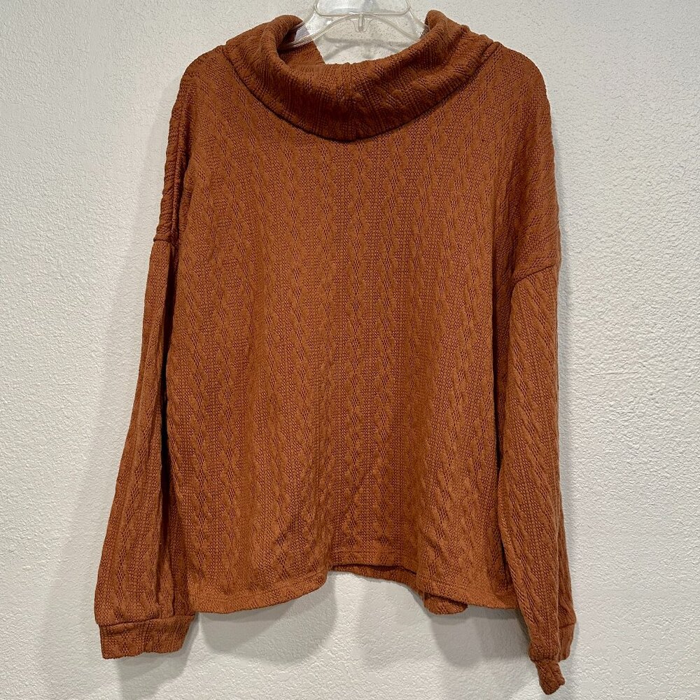 Como Blu Pullover Sweater Cowl Neck Brown Rust Long Sleeves Stretch Womens Sz XL